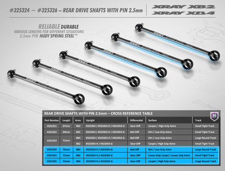 XRAY REAR DRIVE SHAFT 69MM WITH 2.5MM PIN - HUDY SPRING STEEL - 325322